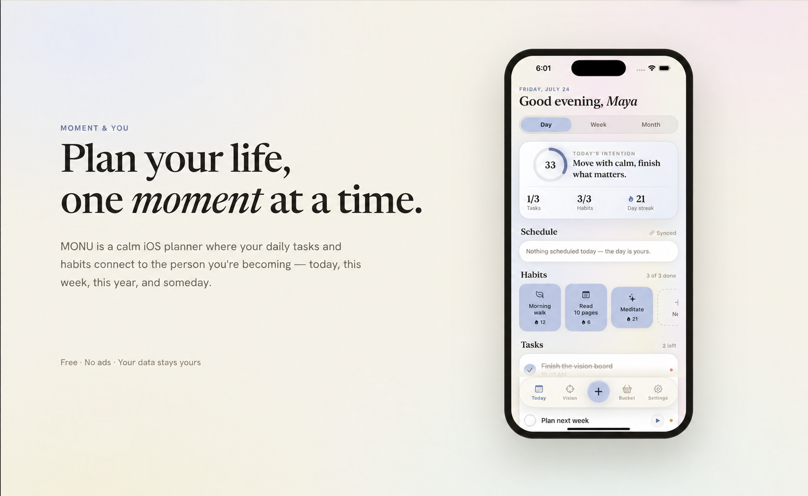 MONU planner website hero, with promotional buttons removed
